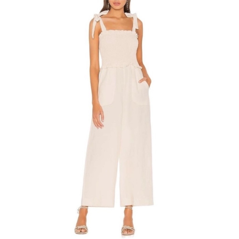 Rebecca Taylor Smocked Tie Strap Wide Leg Flowy Linen Long Jumpsuit Cream Sz 14